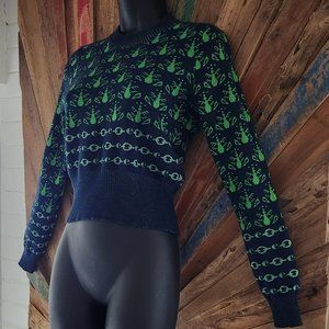 Carven intarsia jacquard knit merino wool sweater blue/green Sz S